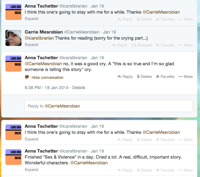 Tears are good, Carrie. I just let them flow....